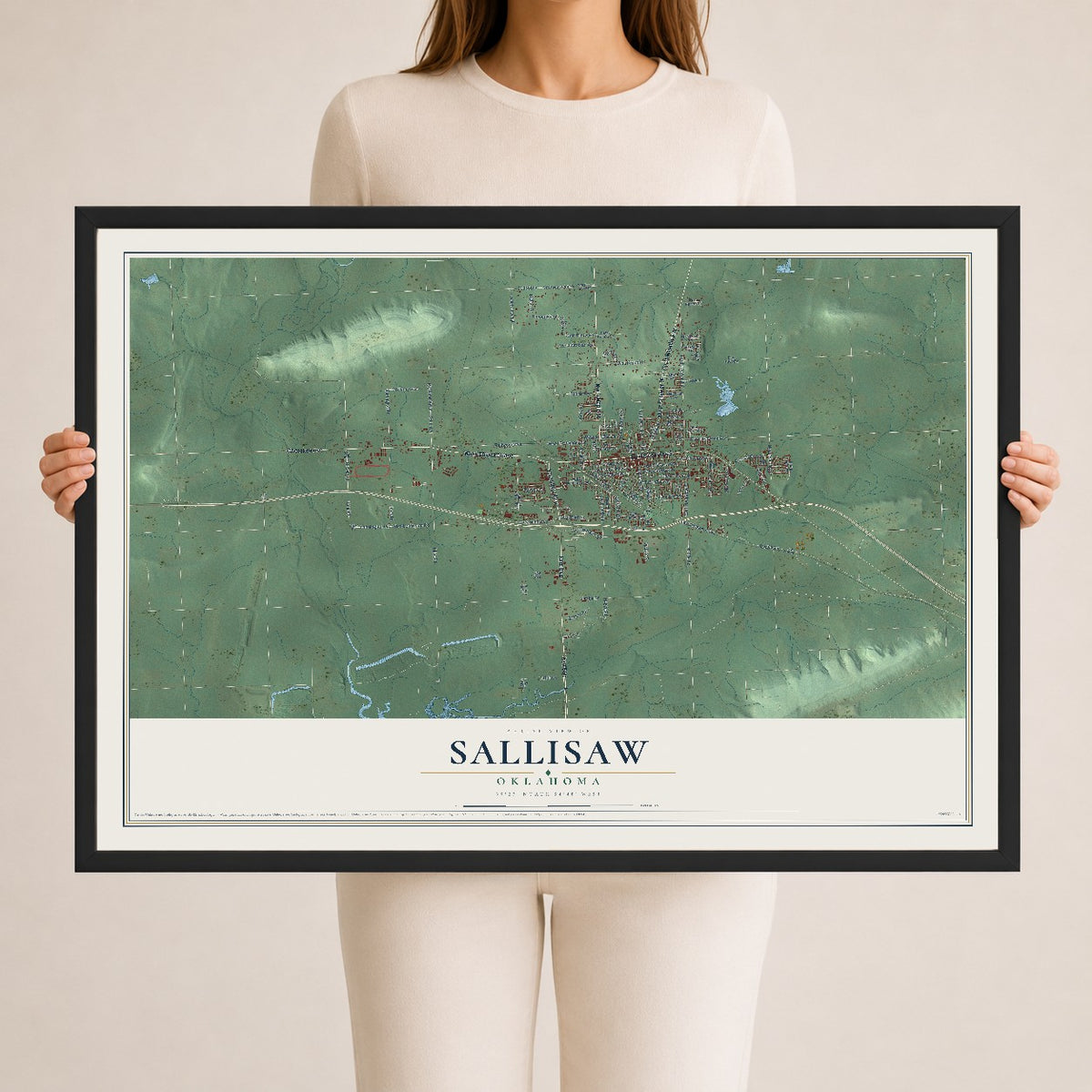 Map of Sallisaw, Oklahoma, 24 x 36 inch print in a black wood frame
