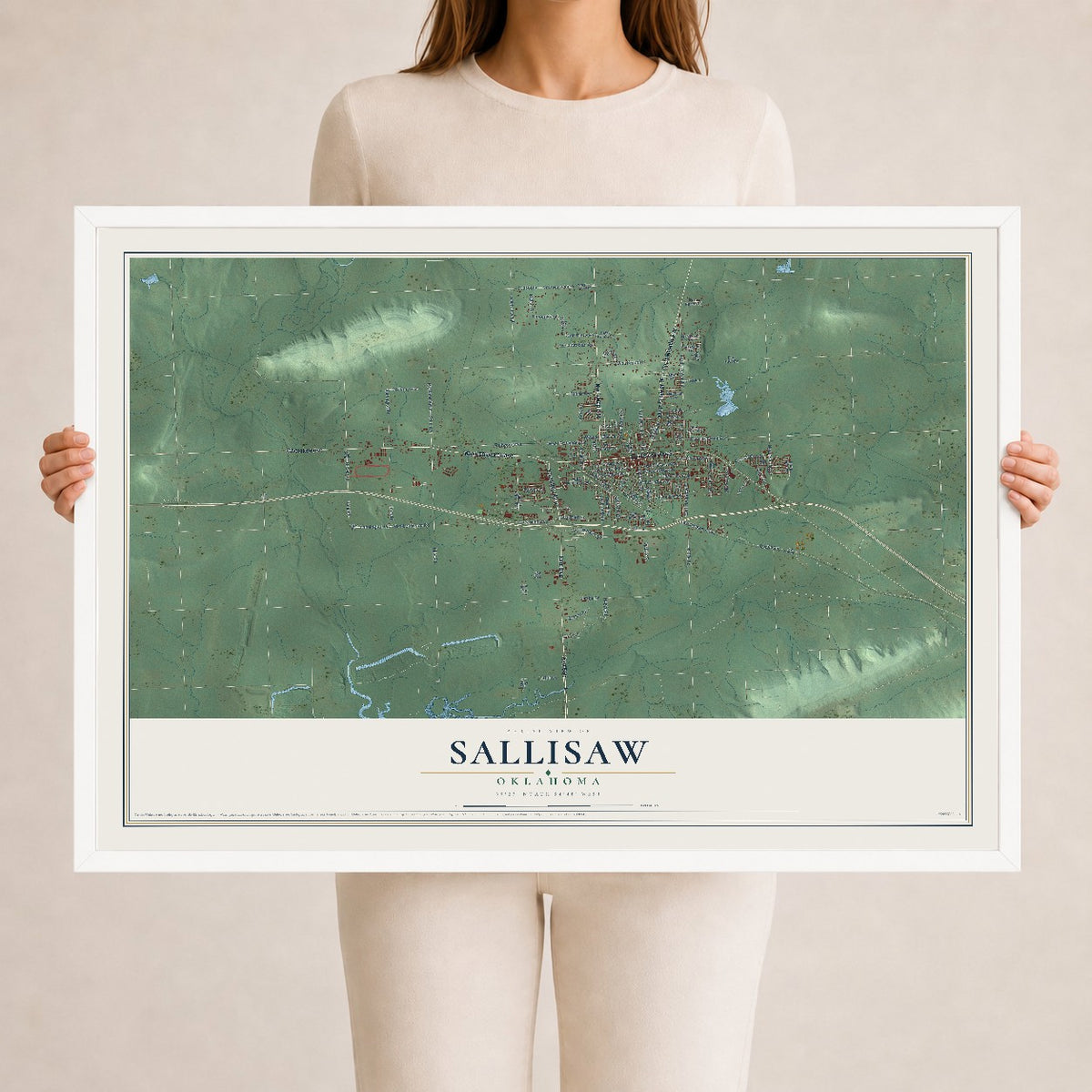 Map of Sallisaw, Oklahoma, 24 x 36 inch print in a white wood frame