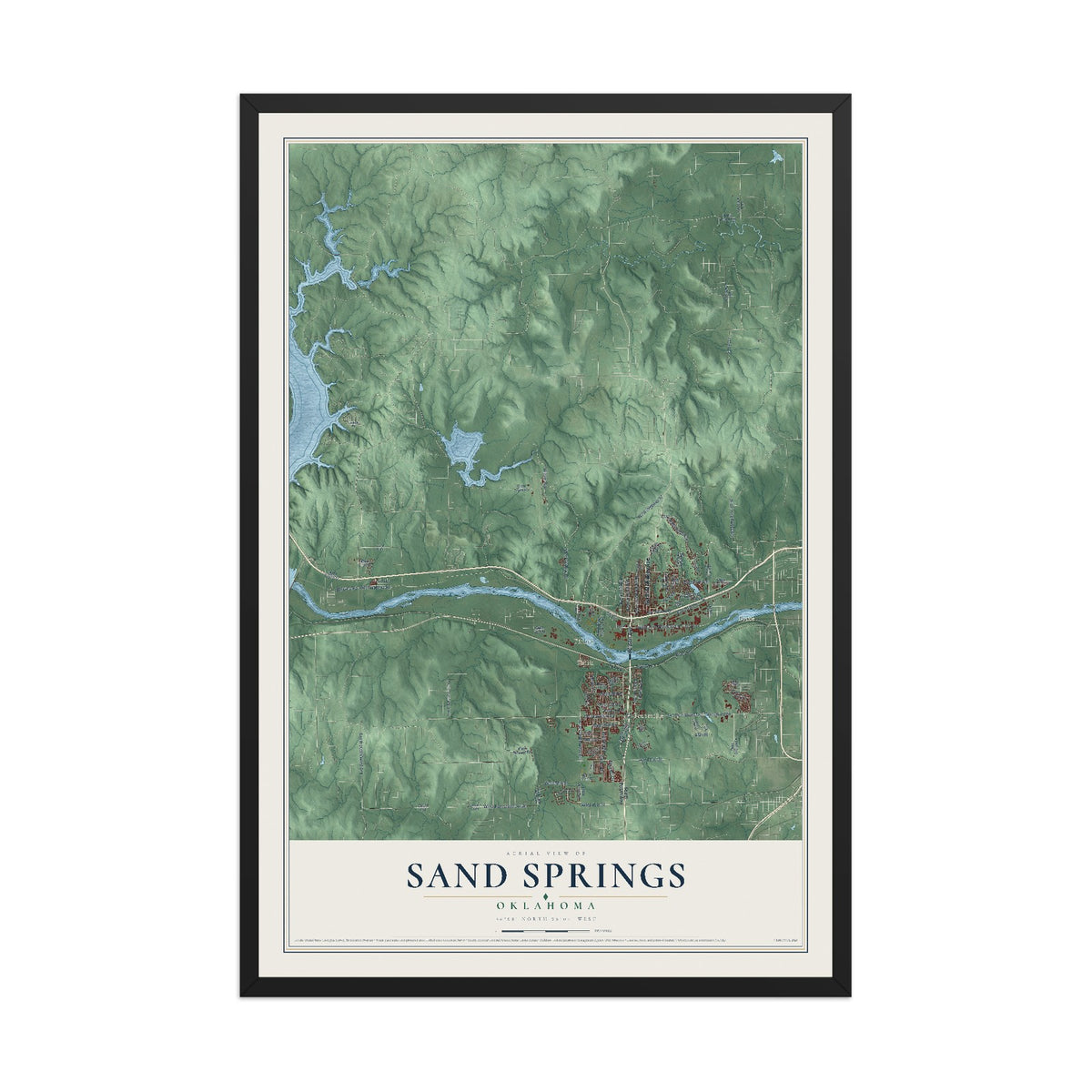 Map of Sand Springs, Oklahoma, 12 x 18 inch print in a black wood frame