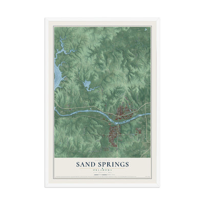 Map of Sand Springs, Oklahoma, 12 x 18 inch print in a white wood frame