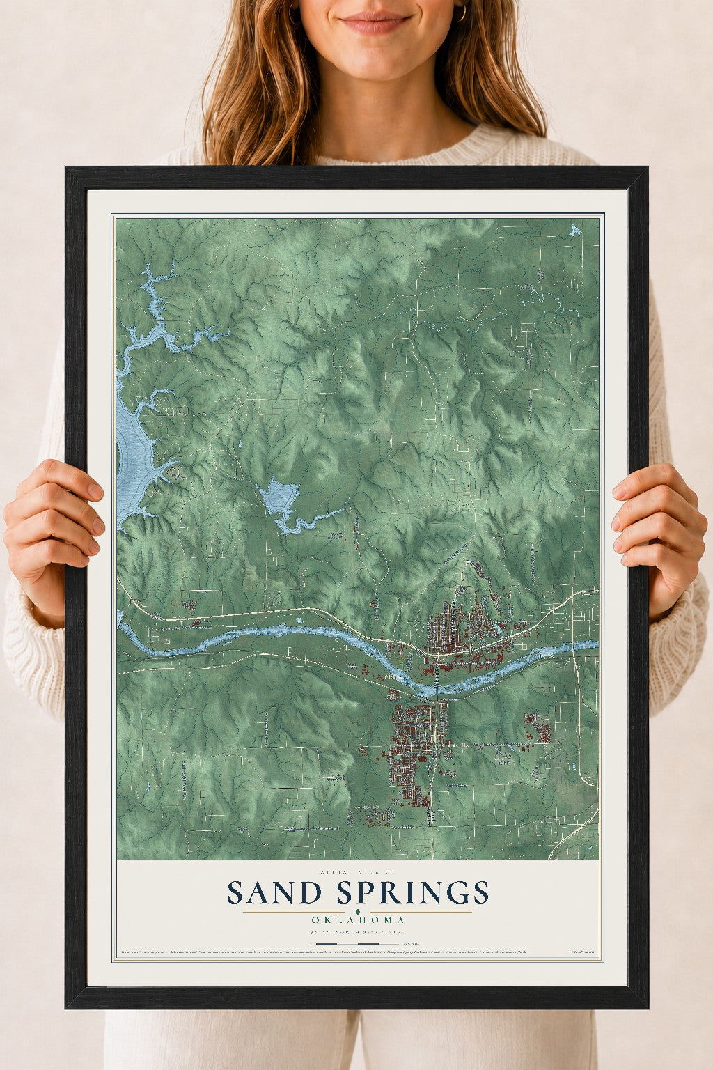 Map of Sand Springs, Oklahoma, 18 x 24 inch print in a black wood frame