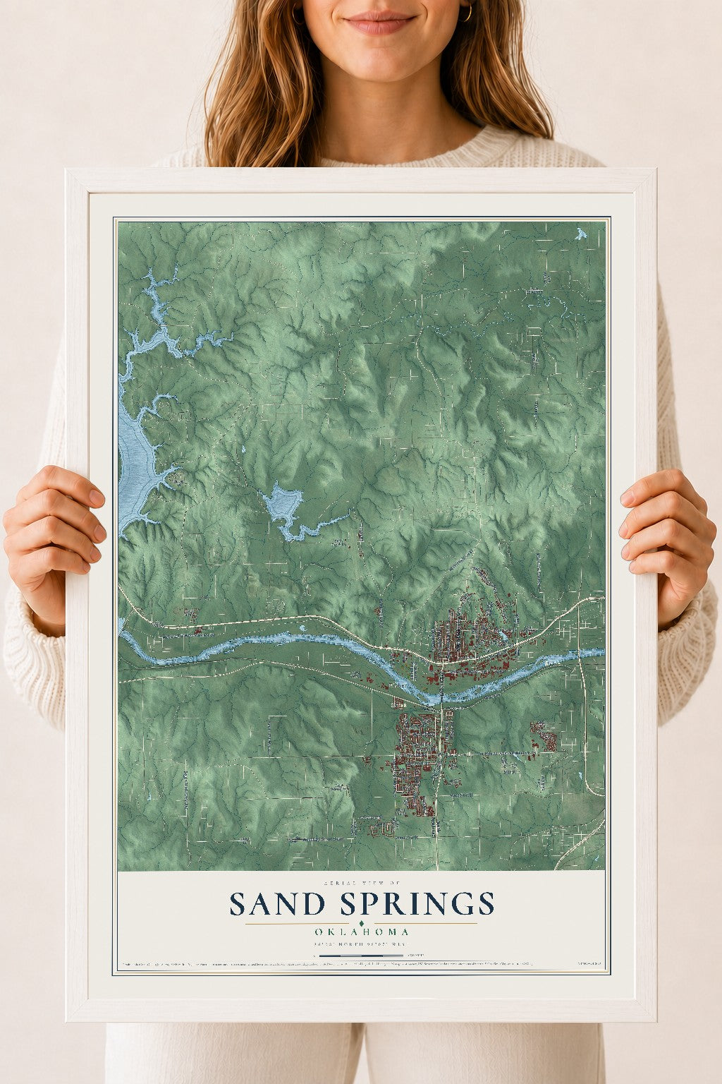 Map of Sand Springs, Oklahoma, 18 x 24 inch print in a white wood frame