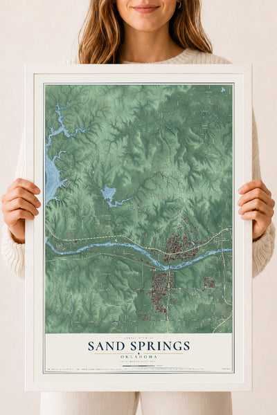Map of Sand Springs, Oklahoma, 18 x 24 inch print in a white wood frame
