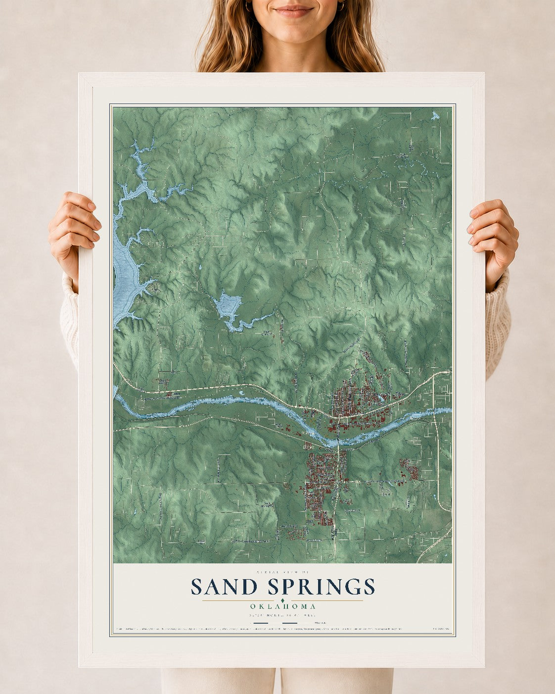 Map of Sand Springs, Oklahoma, 24 x 36 inch print in a white wood frame