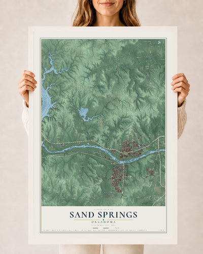 Map of Sand Springs, Oklahoma, 24 x 36 inch print in a white wood frame