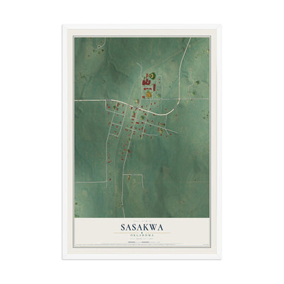 Map of Sasakwa, Oklahoma, 12 x 18 inch print in a white wood frame