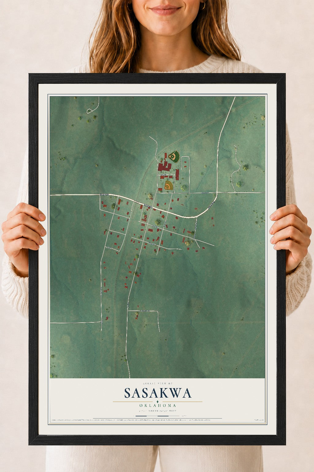 Map of Sasakwa, Oklahoma, 18 x 24 inch print in a black wood frame