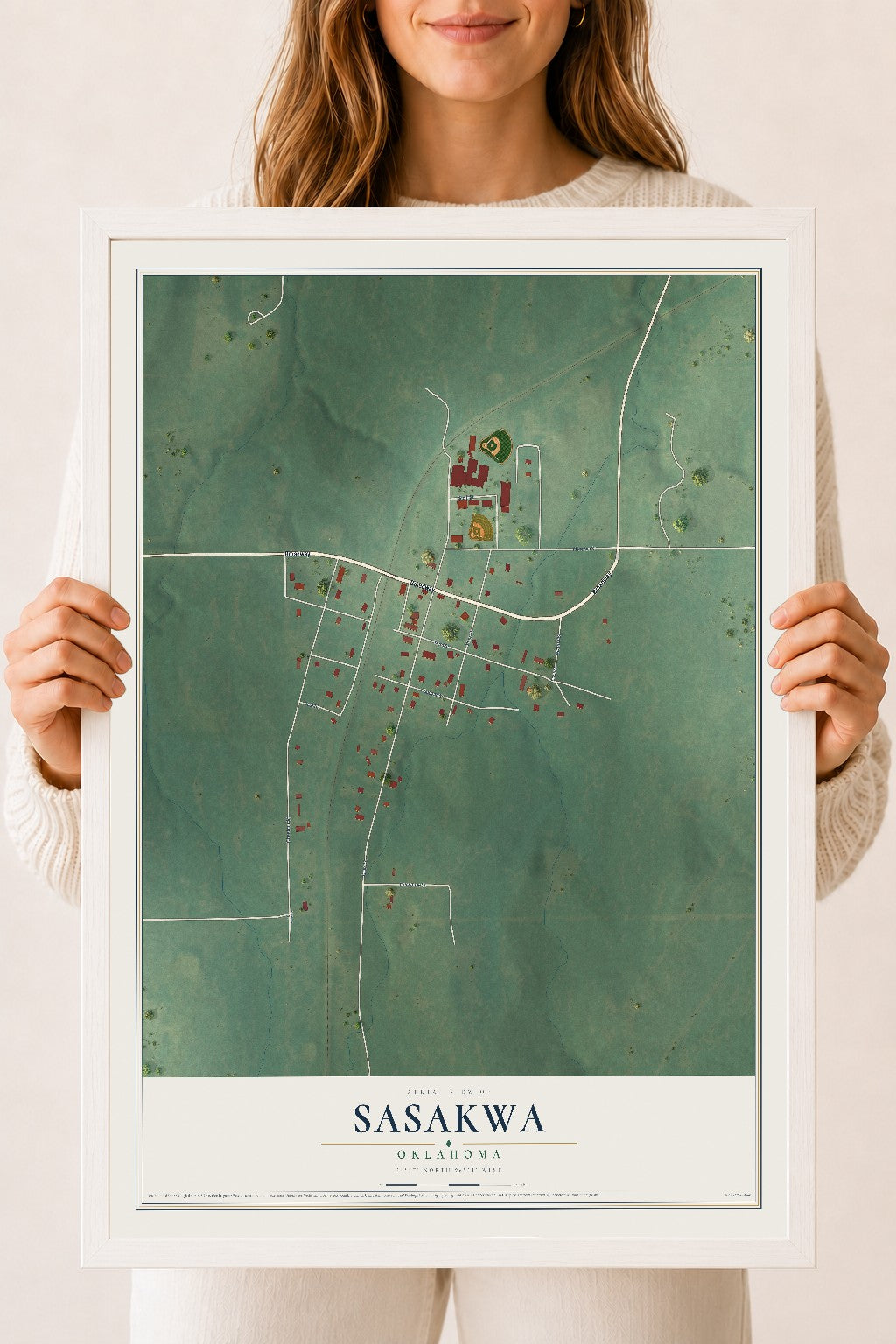 Map of Sasakwa, Oklahoma, 18 x 24 inch print in a white wood frame