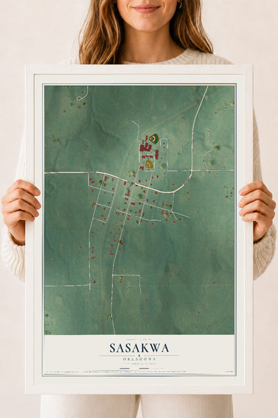 Map of Sasakwa, Oklahoma, 18 x 24 inch print in a white wood frame