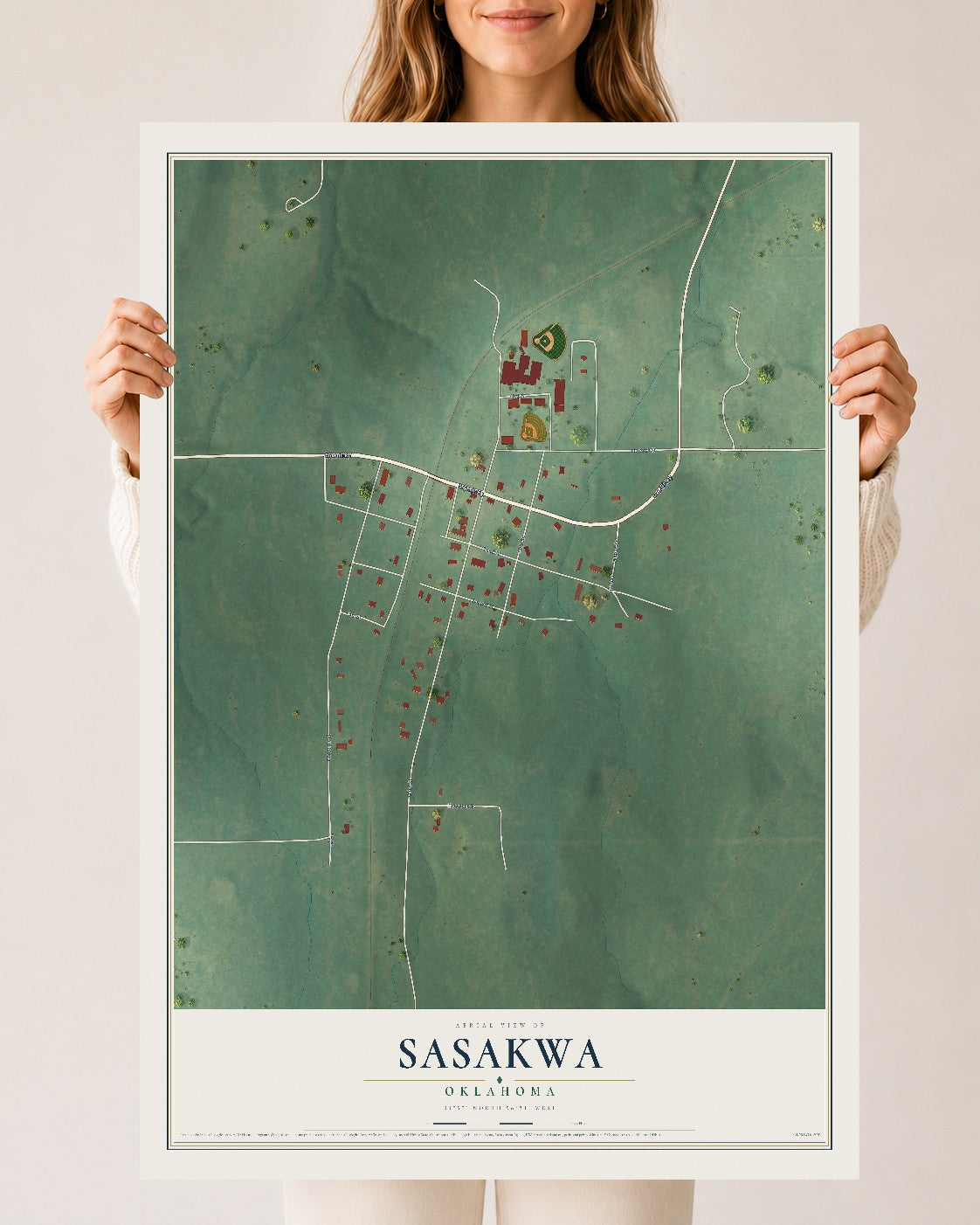 Map of Sasakwa, Oklahoma, 24 x 36 inch unframed archival matte print