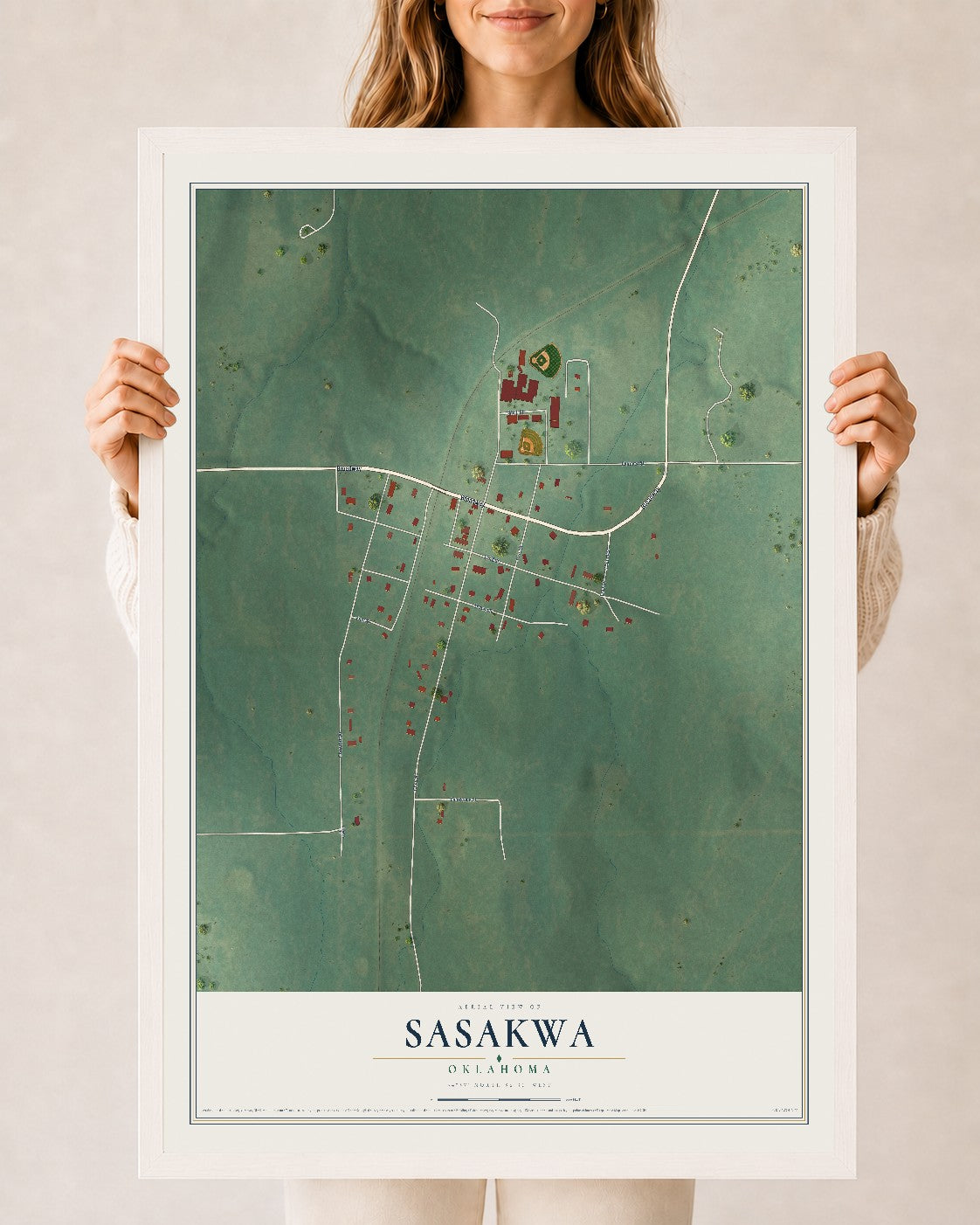 Map of Sasakwa, Oklahoma, 24 x 36 inch print in a white wood frame