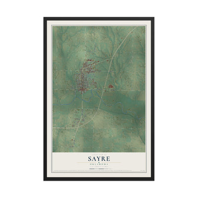Map of Sayre, Oklahoma, 12 x 18 inch print in a black wood frame
