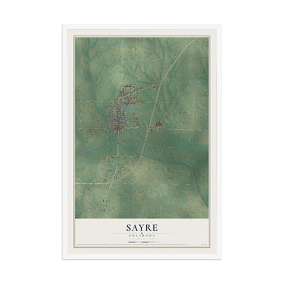 Map of Sayre, Oklahoma, 12 x 18 inch print in a white wood frame