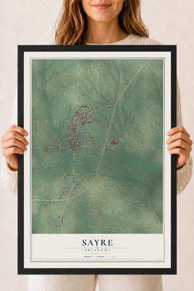 Map of Sayre, Oklahoma, 18 x 24 inch print in a black wood frame