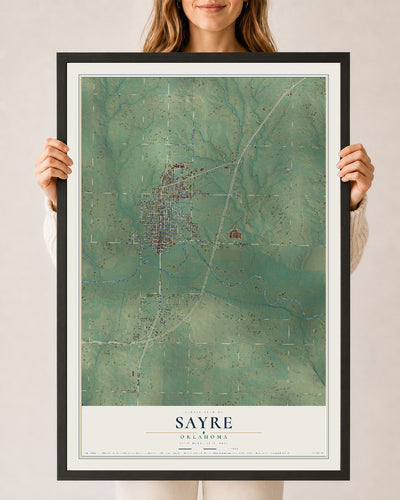 Map of Sayre, Oklahoma, 24 x 36 inch print in a black wood frame