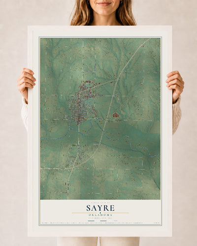Map of Sayre, Oklahoma, 24 x 36 inch print in a white wood frame