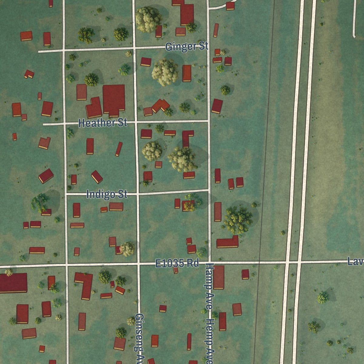 Close-up of the map of Schulter, Oklahoma print showing street and building detail