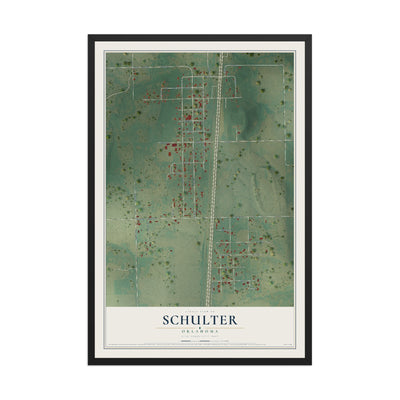 Map of Schulter, Oklahoma, 12 x 18 inch print in a black wood frame