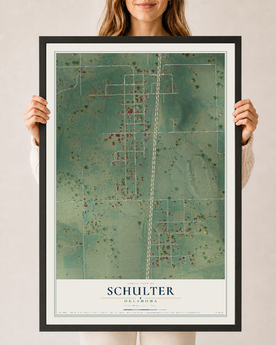 Map of Schulter, Oklahoma, 24 x 36 inch print in a black wood frame