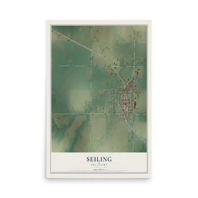 Map of Seiling, Oklahoma, 12 x 18 inch unframed archival matte print