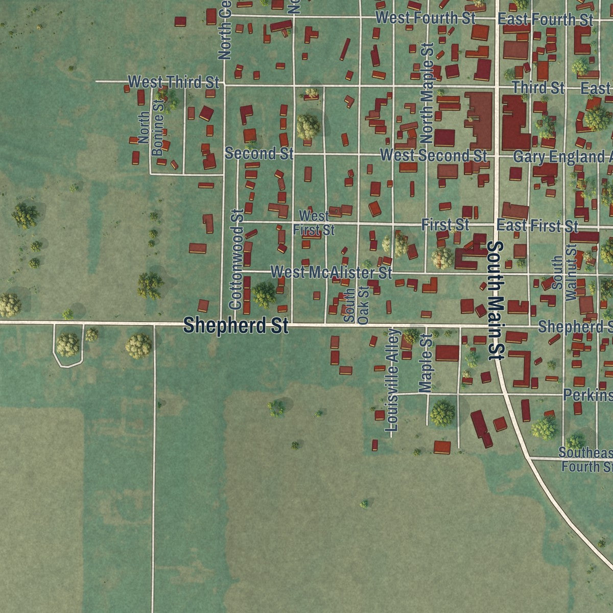 Close-up of the map of Seiling, Oklahoma print showing street and building detail