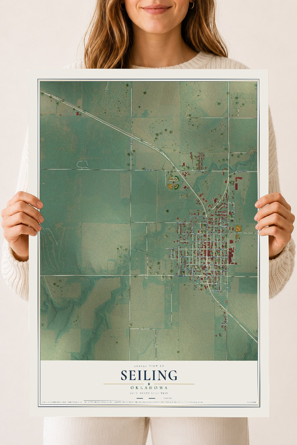 Map of Seiling, Oklahoma, 18 x 24 inch unframed archival matte print