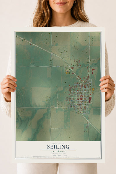 Map of Seiling, Oklahoma, 18 x 24 inch unframed archival matte print