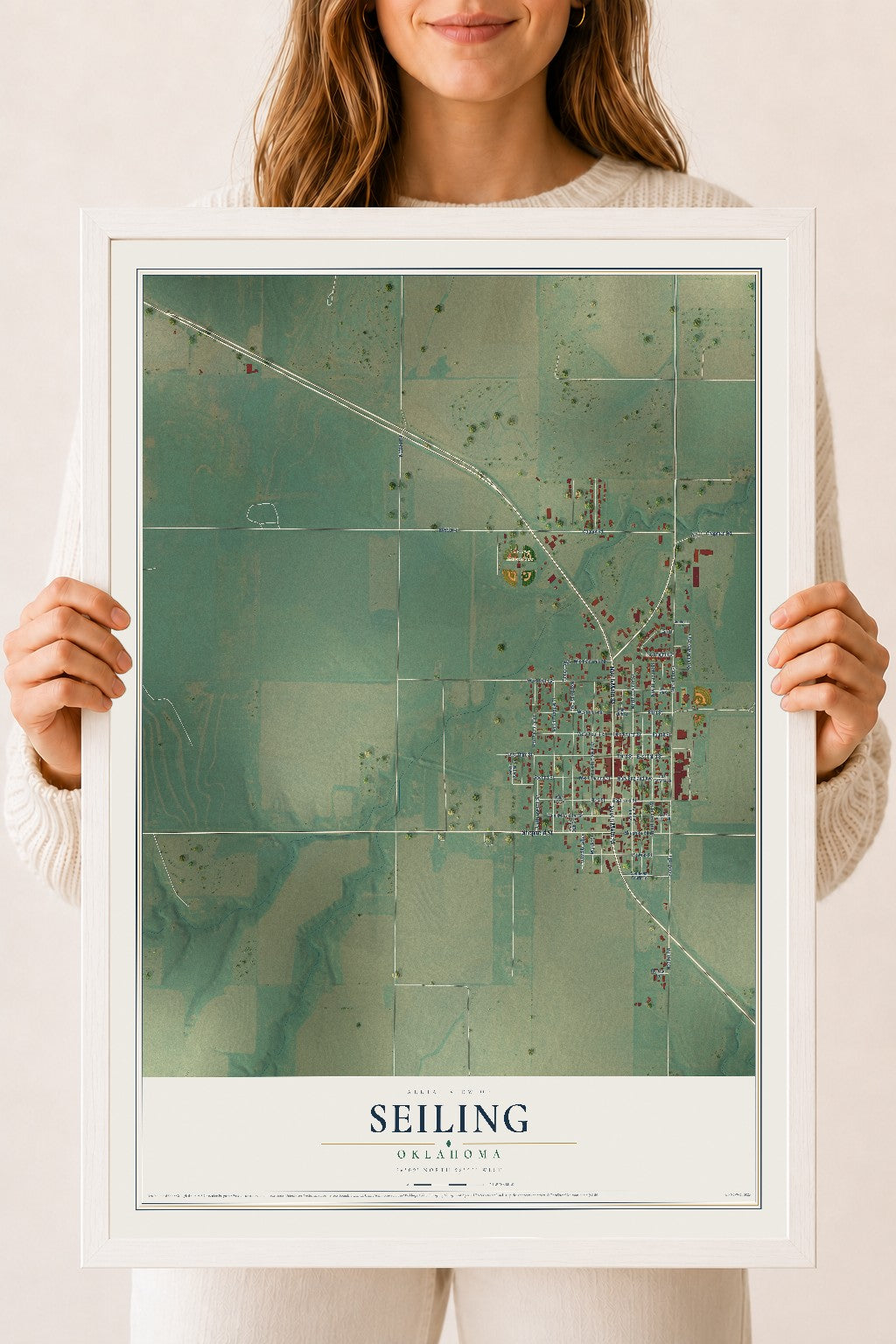 Map of Seiling, Oklahoma, 18 x 24 inch print in a white wood frame