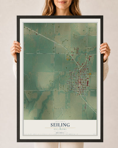 Map of Seiling, Oklahoma, 24 x 36 inch print in a black wood frame