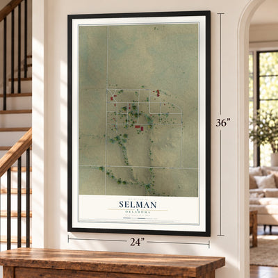 Selman, Oklahoma map, 24 x 36 inch print in a black frame by a staircase