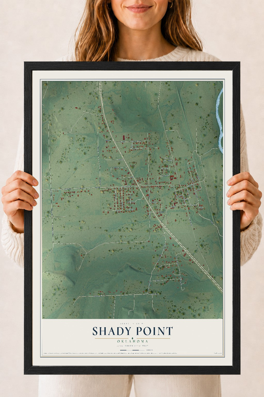 Map of Shady Point, Oklahoma, 18 x 24 inch print in a black wood frame