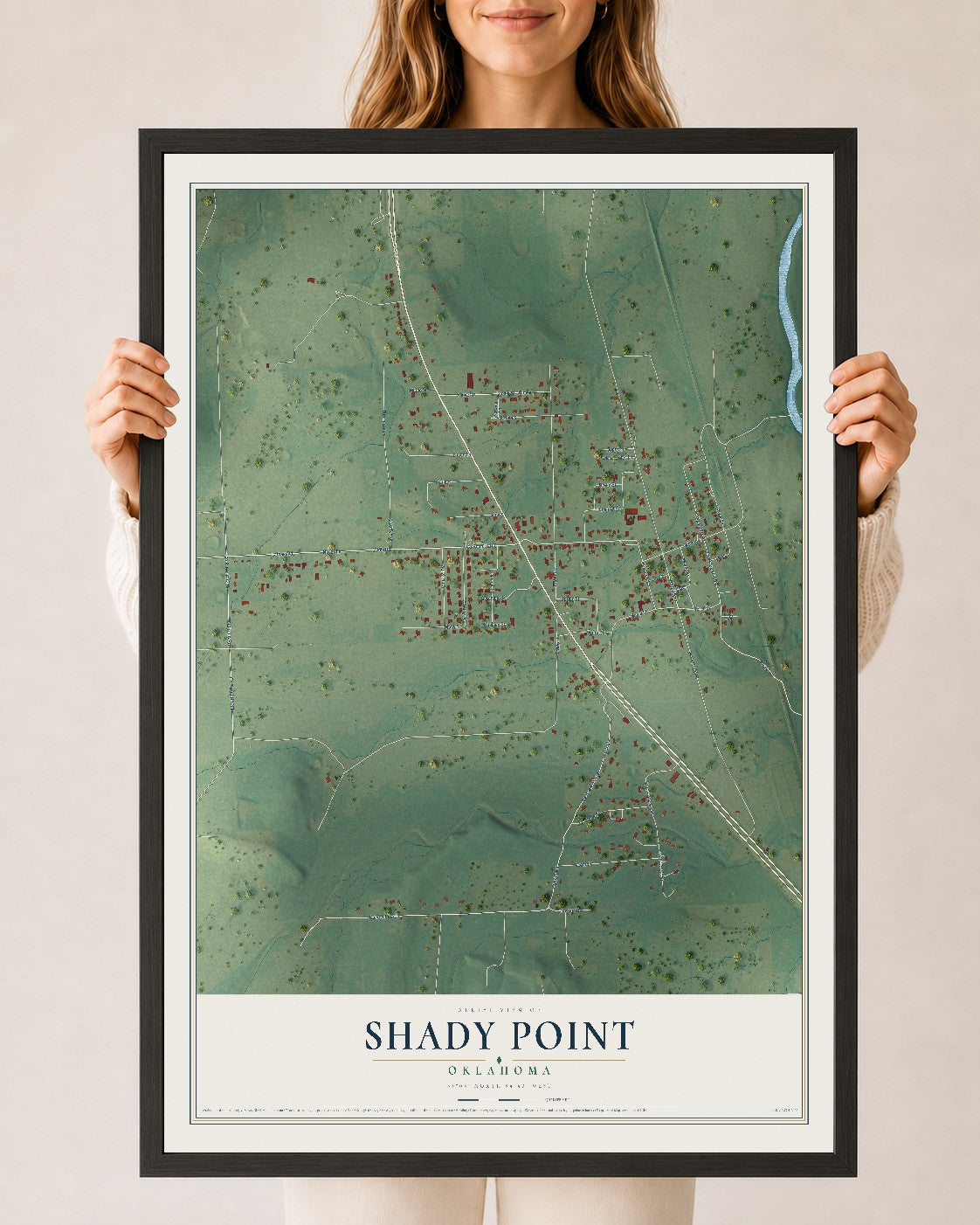Map of Shady Point, Oklahoma, 24 x 36 inch print in a black wood frame