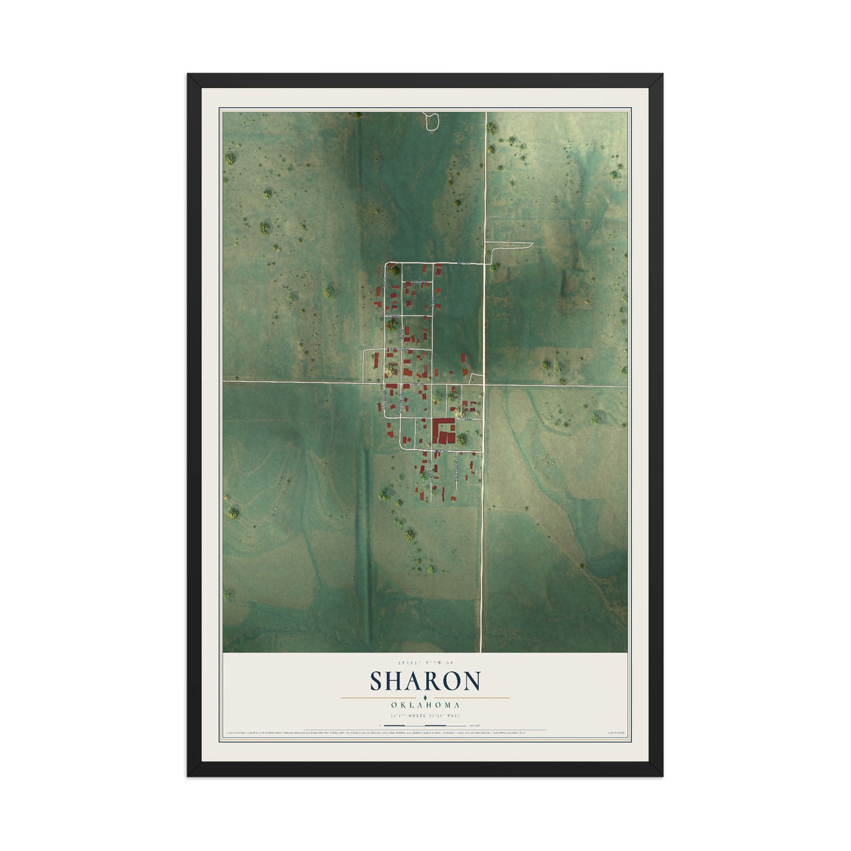 Map of Sharon, Oklahoma, 12 x 18 inch print in a black wood frame