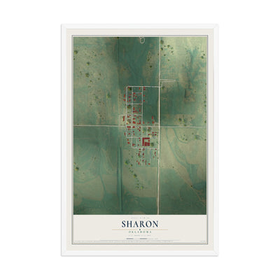 Map of Sharon, Oklahoma, 12 x 18 inch print in a white wood frame