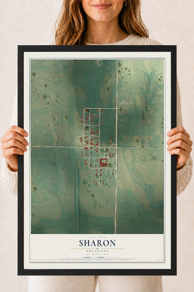 Map of Sharon, Oklahoma, 18 x 24 inch print in a black wood frame
