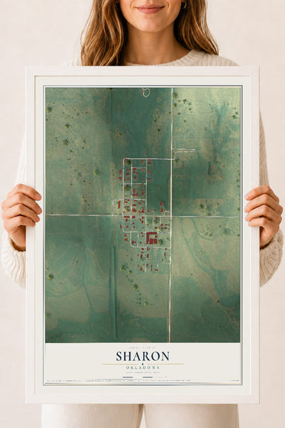 Map of Sharon, Oklahoma, 18 x 24 inch print in a white wood frame