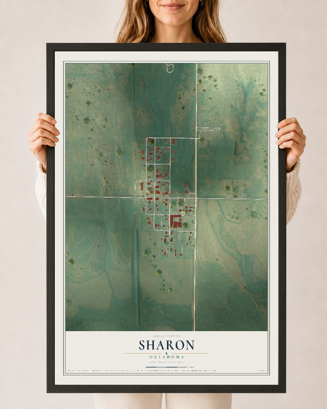 Map of Sharon, Oklahoma, 24 x 36 inch print in a black wood frame