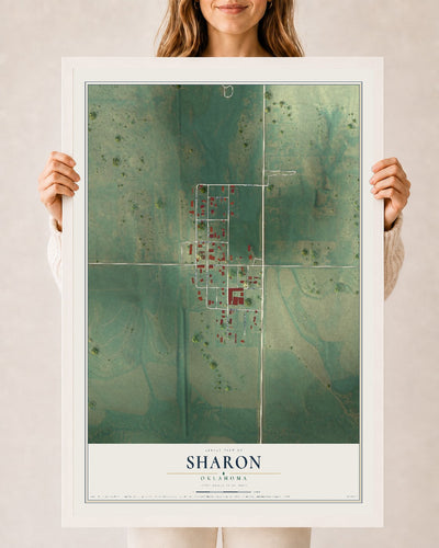 Map of Sharon, Oklahoma, 24 x 36 inch print in a white wood frame