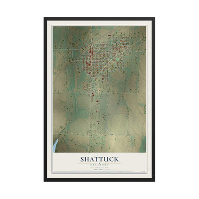 Map of Shattuck, Oklahoma, 12 x 18 inch print in a black wood frame