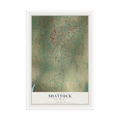 Map of Shattuck, Oklahoma, 12 x 18 inch print in a white wood frame