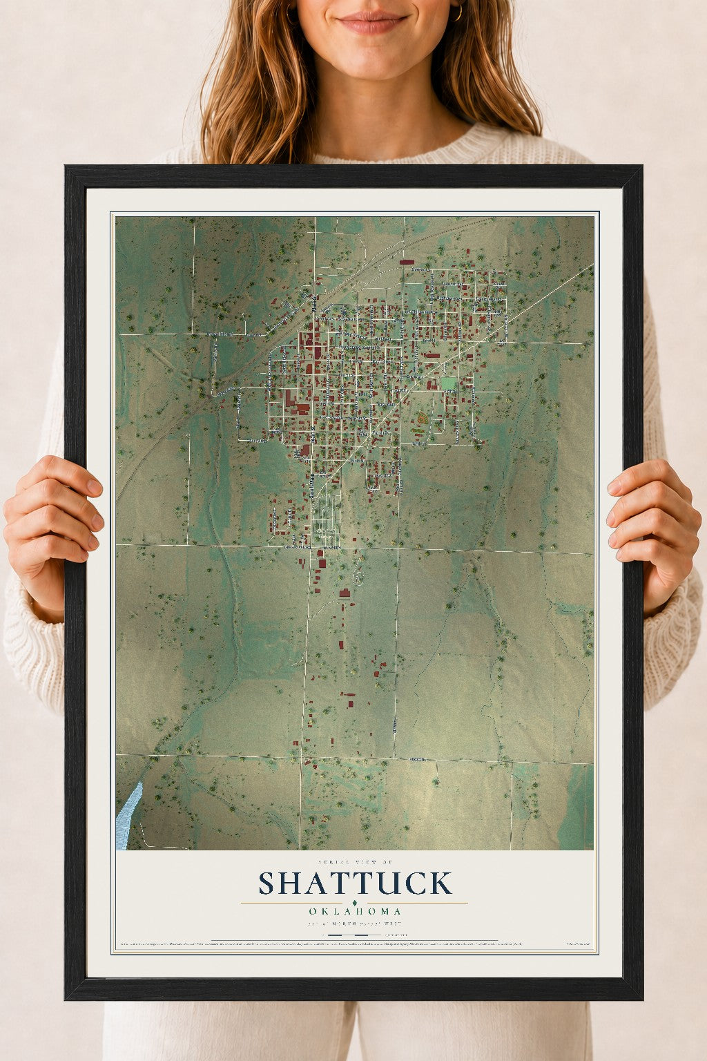 Map of Shattuck, Oklahoma, 18 x 24 inch print in a black wood frame
