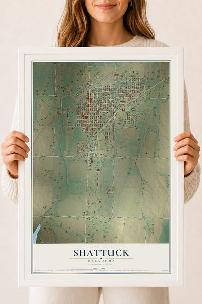 Map of Shattuck, Oklahoma, 18 x 24 inch print in a white wood frame