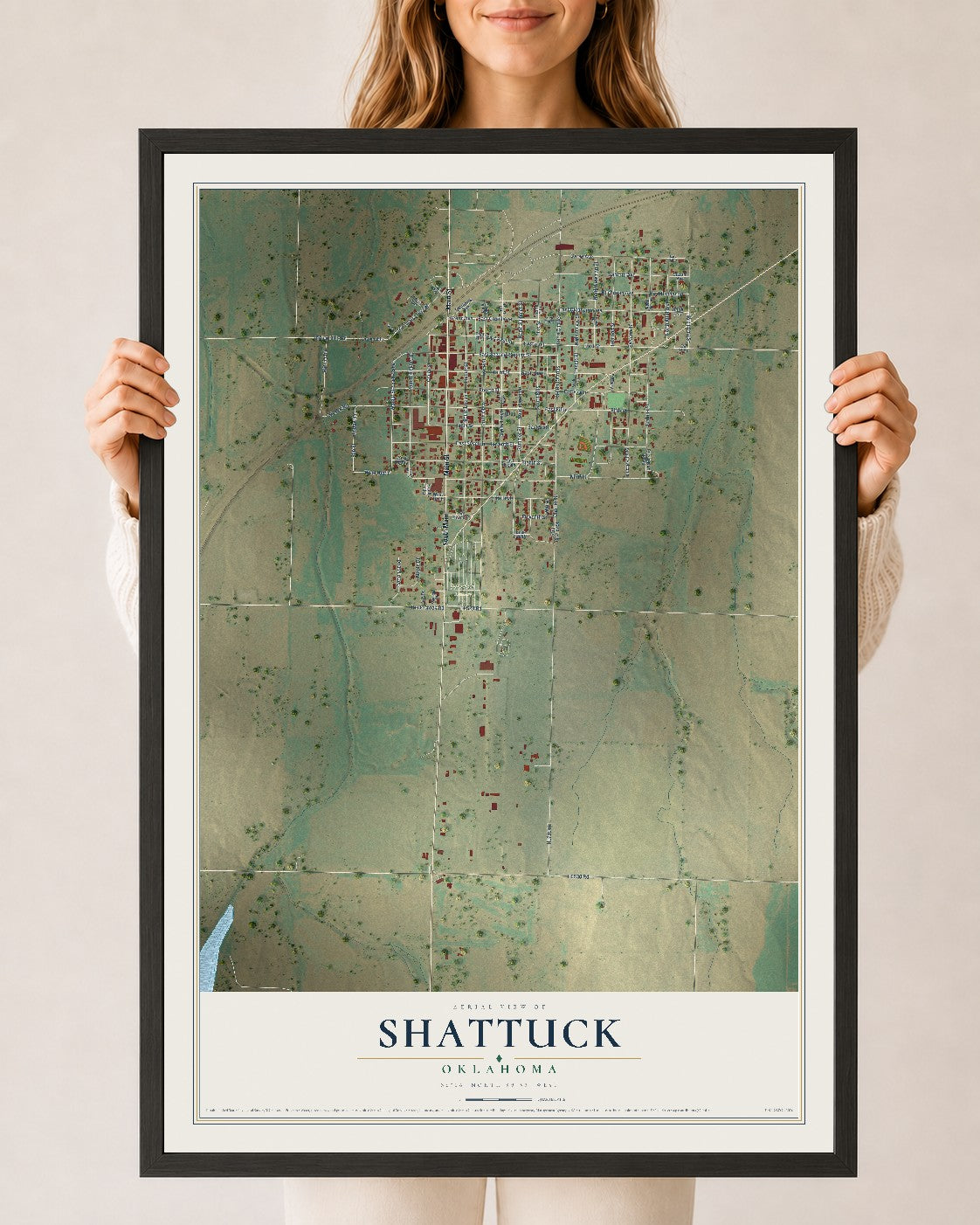 Map of Shattuck, Oklahoma, 24 x 36 inch print in a black wood frame