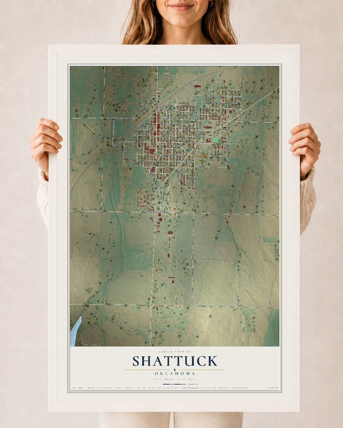 Map of Shattuck, Oklahoma, 24 x 36 inch print in a white wood frame