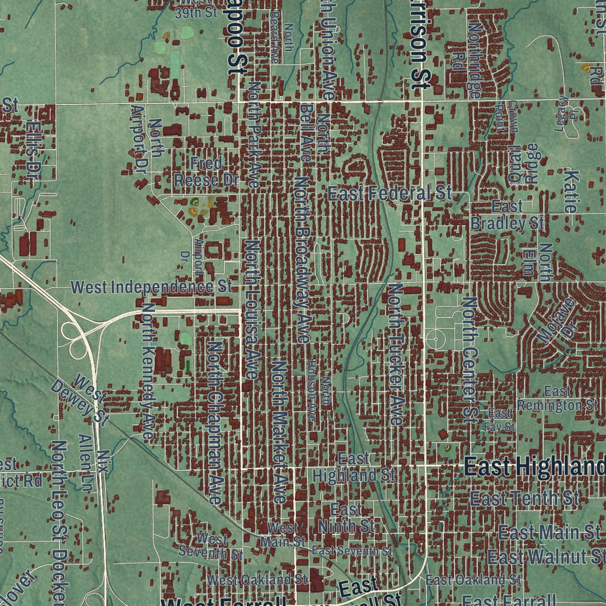 Close-up of the map of Shawnee, Oklahoma print showing street and building detail