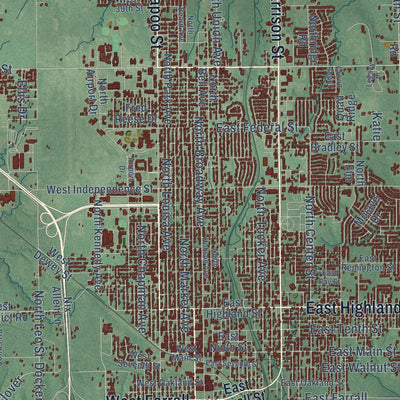 Close-up of the map of Shawnee, Oklahoma print showing street and building detail