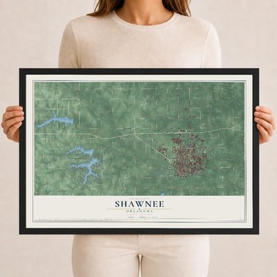 Map of Shawnee, Oklahoma, 12 x 18 inch print in a black wood frame