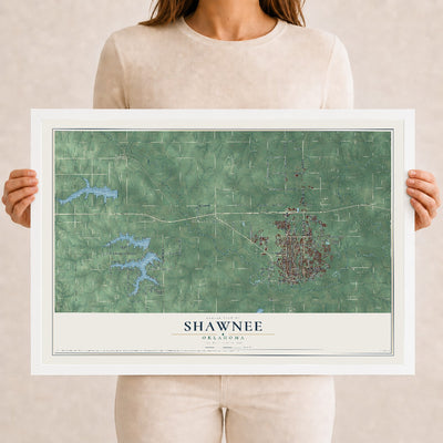 Map of Shawnee, Oklahoma, 12 x 18 inch print in a white wood frame