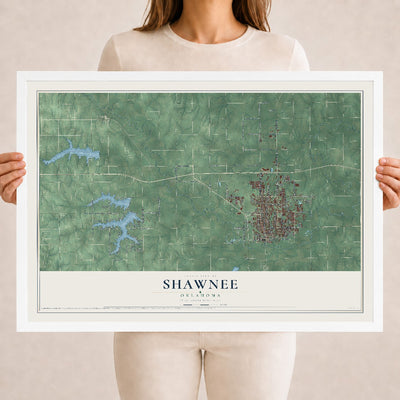 Map of Shawnee, Oklahoma, 18 x 24 inch print in a white wood frame