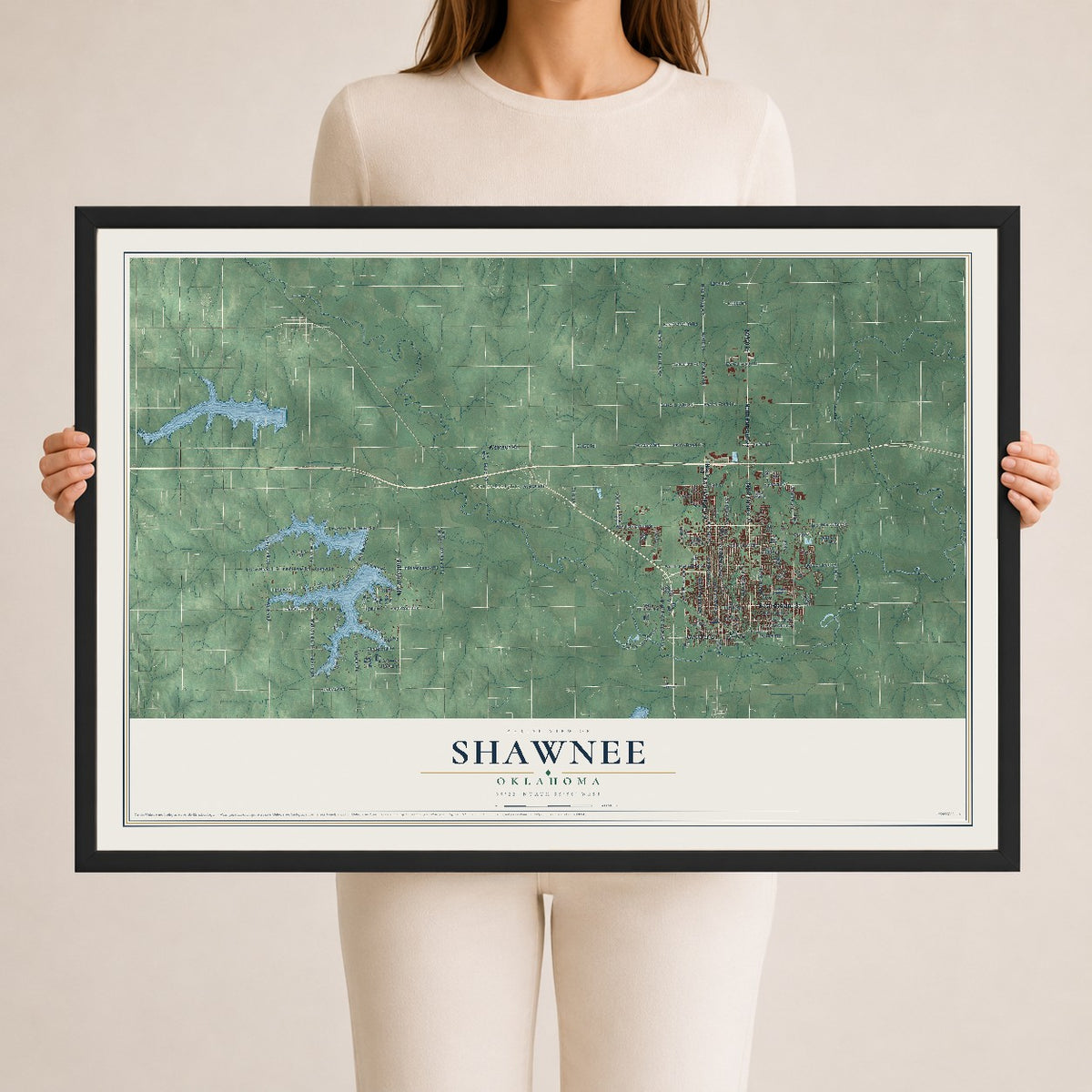 Map of Shawnee, Oklahoma, 24 x 36 inch print in a black wood frame